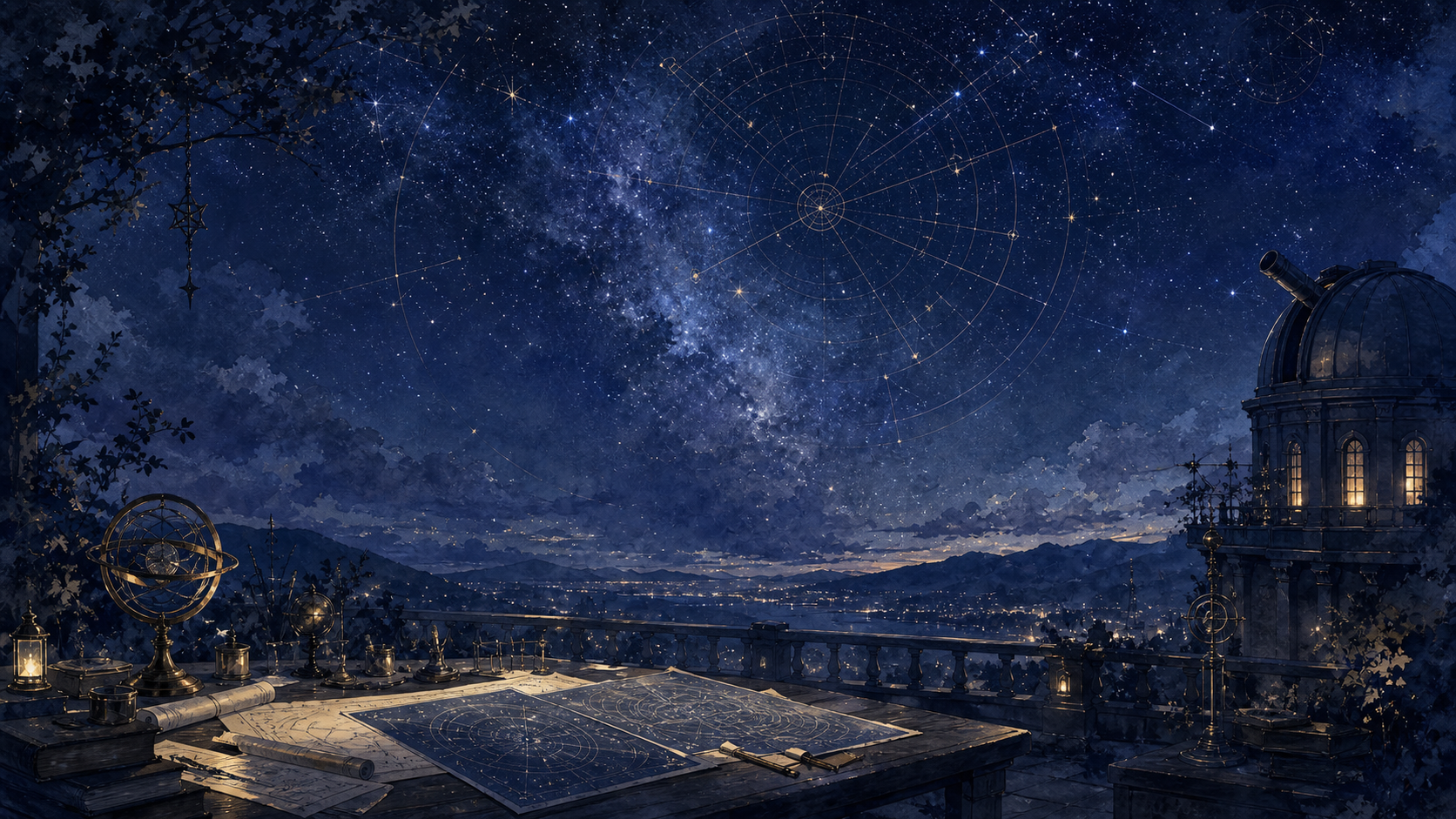 A celestial workshop scene with star charts and observatory instruments